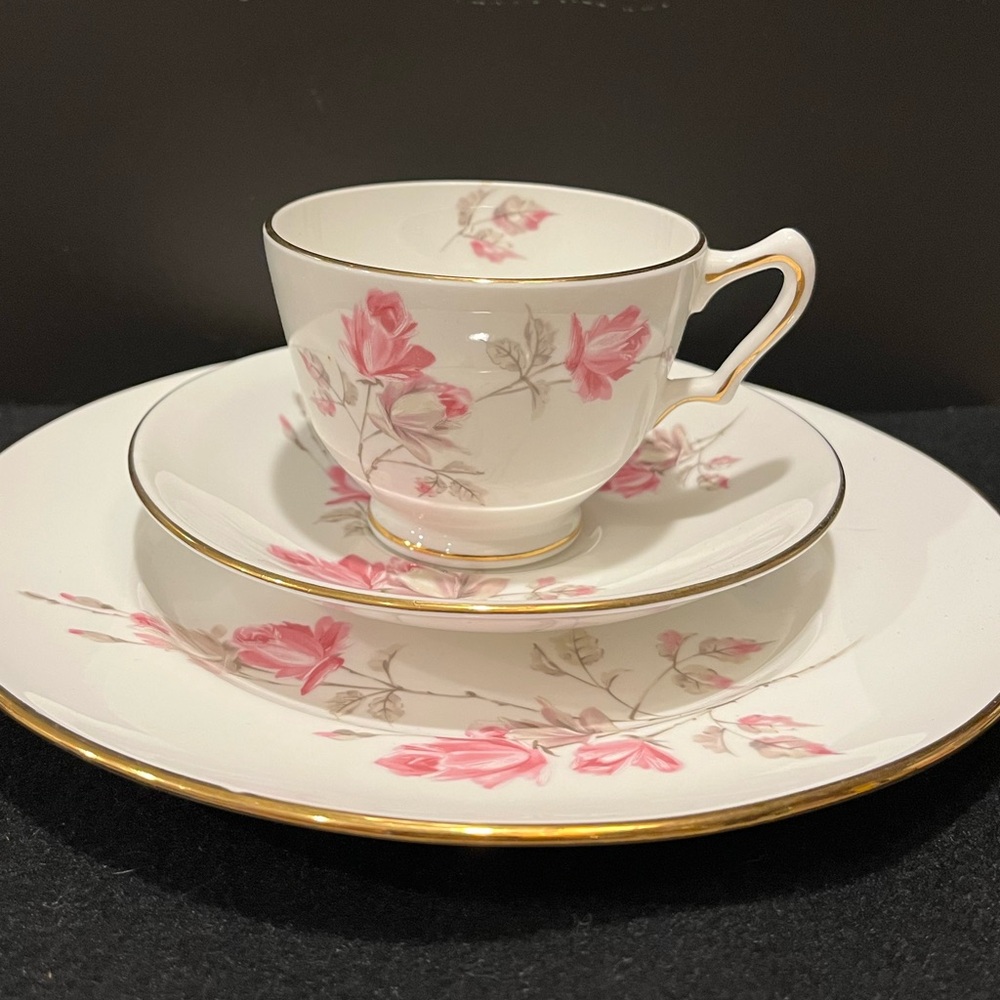 Vintage Crown Staffordshire Floral Pink Rose Tea Cup and Saucer with 8.25” Plate